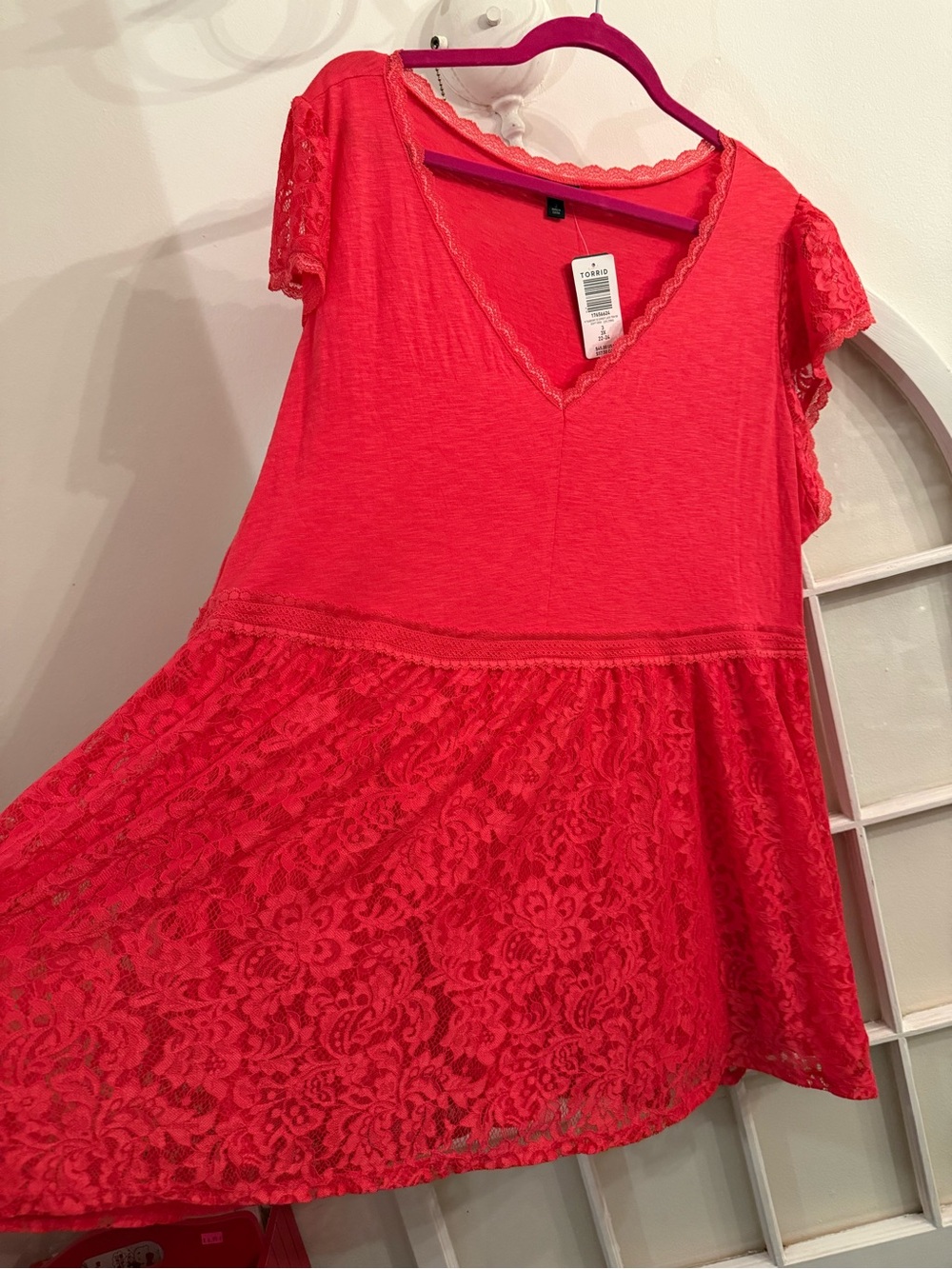 NWT Torrid 3X (22-24) Teaberry Pink Lace Trim Babydoll Peplum Top Short Sleeve